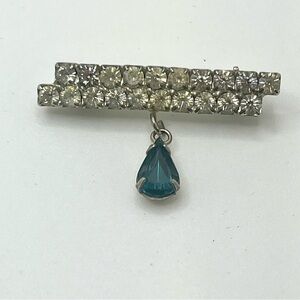 Vintage rhinestone bar brooch with blue glass teardrop dangle, silver-tone, MCM